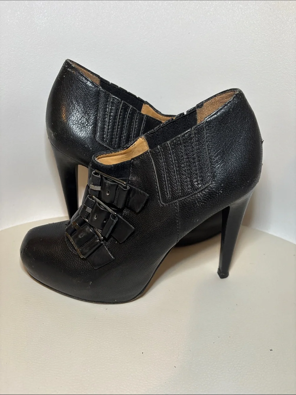 L.A.M.B. Black Leather High-Heel Ankle Booties with Buckle Straps